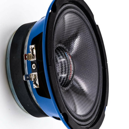 A close-up of American Bass Godfather 6.5 Carbon Cone Midrange Speakers (Pair, 200 Watts) shows their sleek carbon fiber cone, blue frame, and metal terminals against a white background.