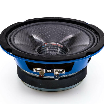 An American Bass Godfather 6.5 Carbon Cone Midrange Speaker (200 Watts, pair) in black and blue, with a carbon fiber cone, is shown at an angle against a white background, featuring the brand label in the center.