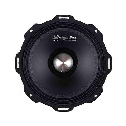 A top view of the American Bass Godfather 6.5″ Midrange Speaker (300 Watts) shows its black body, silver center, brand logo, and circular car audio design with mounting holes on the edges.