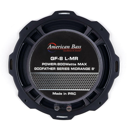 The American Bass Godfather 8″ Midrange Speaker delivers 400 Watts of power, features a sleek black design, and is perfect for premium car audio setups. Terminals are at the bottom.