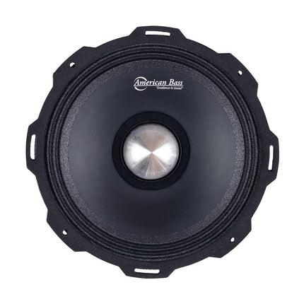 An American Bass Godfather 8″ Midrange Speaker (400 Watts) features a round black design with a silver center and textured black rim, viewed from above against a white background.